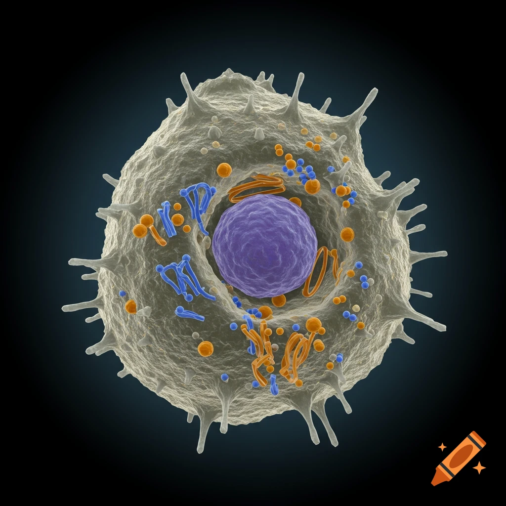 3D render of a cell, likely a B-cell, showing internal structures