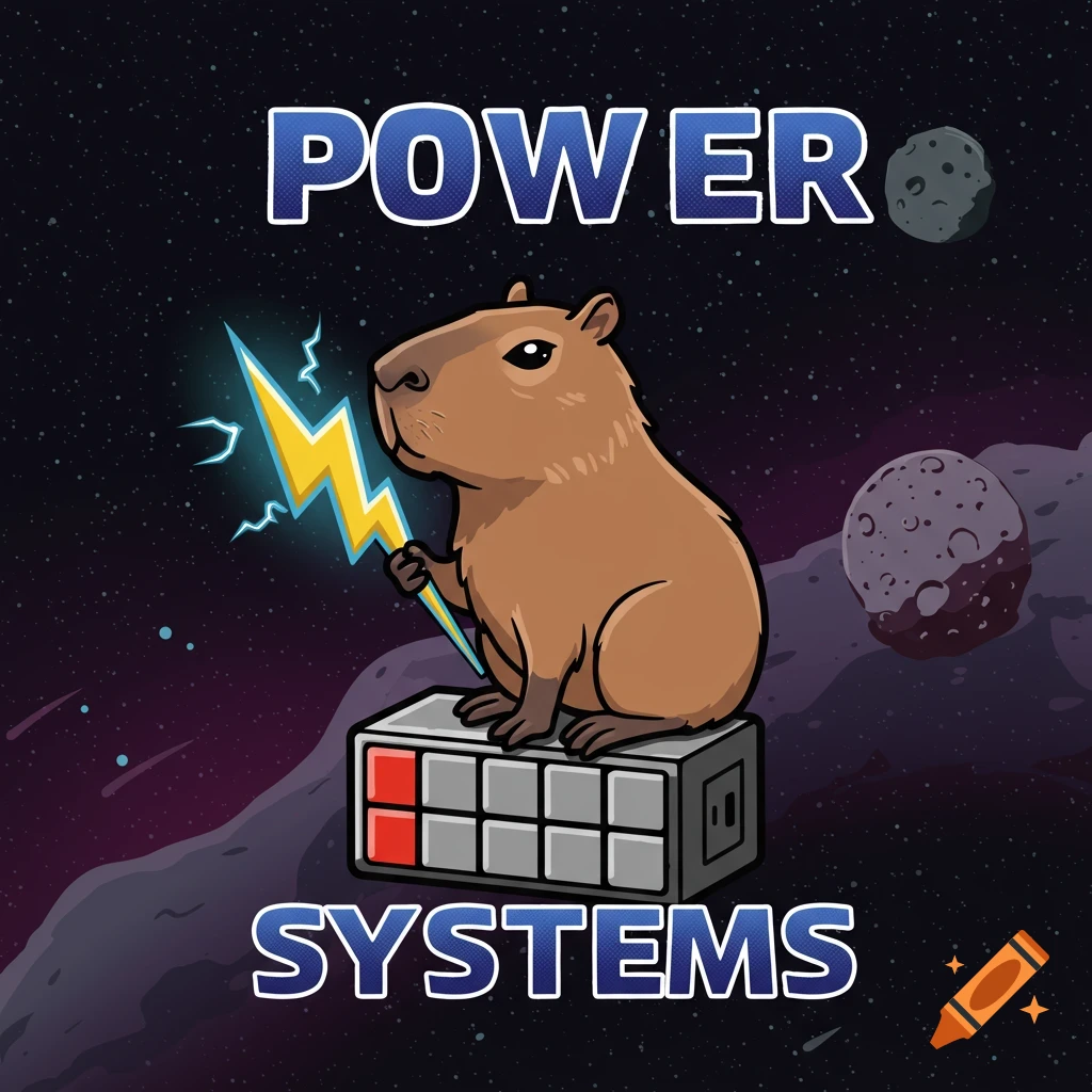 Cartoon capybara holds lightning bolt, sits on battery in space logo with text POWER SYSTEMS.