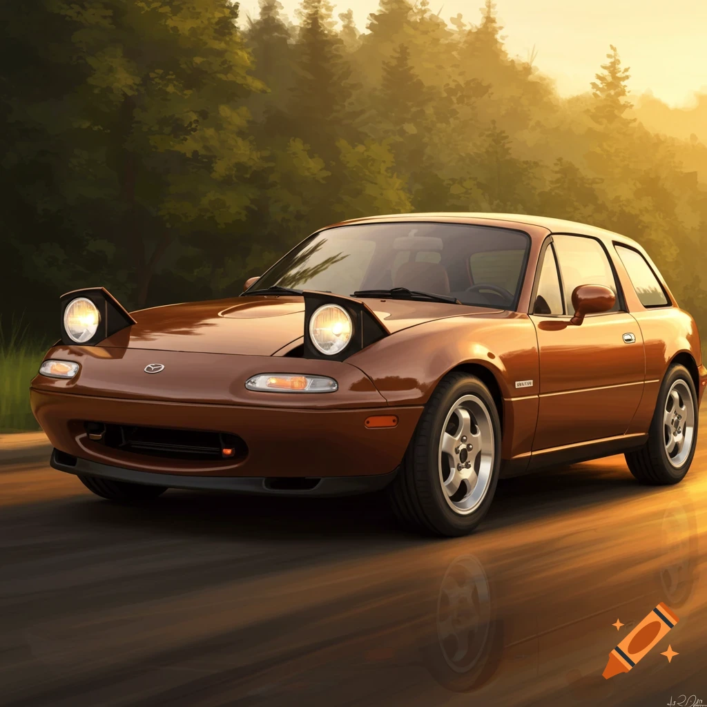 Brown NA Miata wagon driving on a road at sunset.