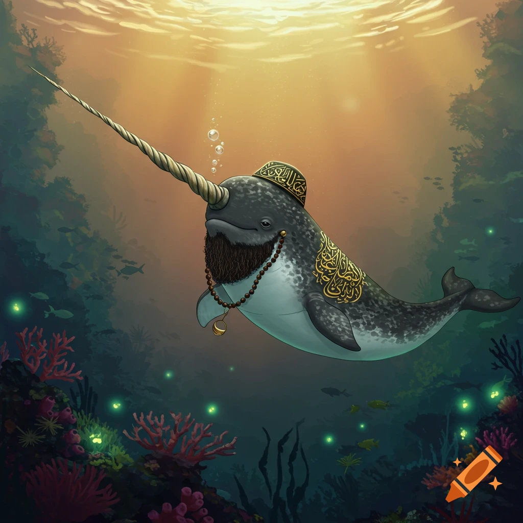 A narwhal wearing a hat and beads with gold script, swimming in a coral reef.