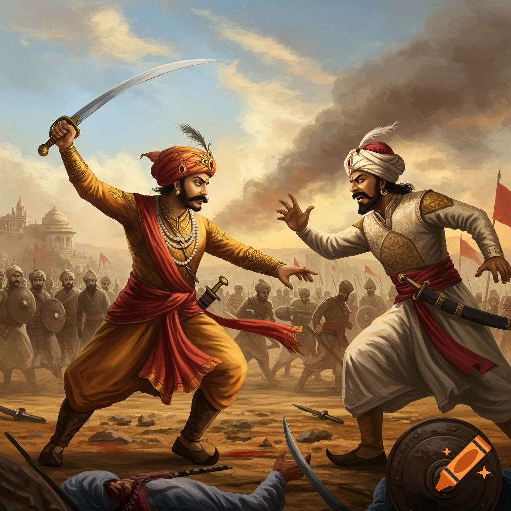 Two historical figures fighting with swords on a battlefield, with armies in the background.