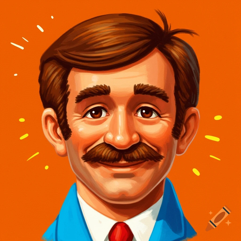 A man with a mustache wears a suit and tie against an orange background.