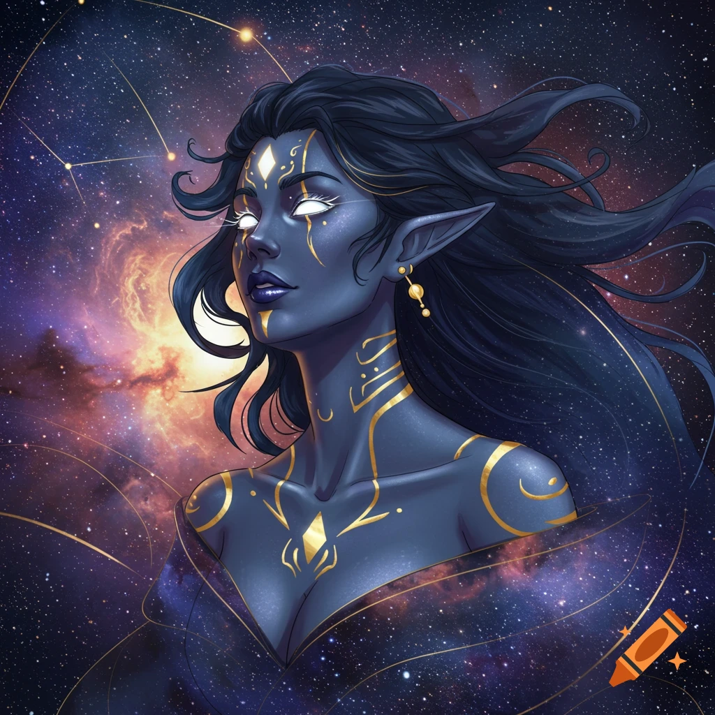 A dark-skinned fantasy character with gold markings, glowing eyes, and elf ears is shown against a cosmic background.