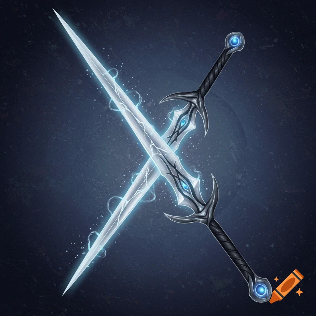 Two crossed fantasy swords with glowing blue energy effects on a dark background.