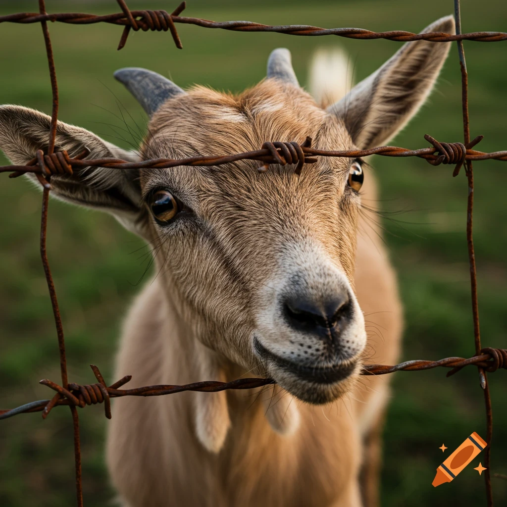 A close-up of a goat looking through a barbed wire fence.