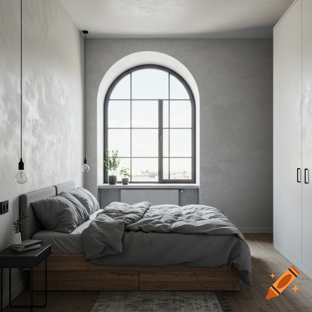A modern, minimalist bedroom featuring a large arched window, a grey platform bed, and simple furnishings.