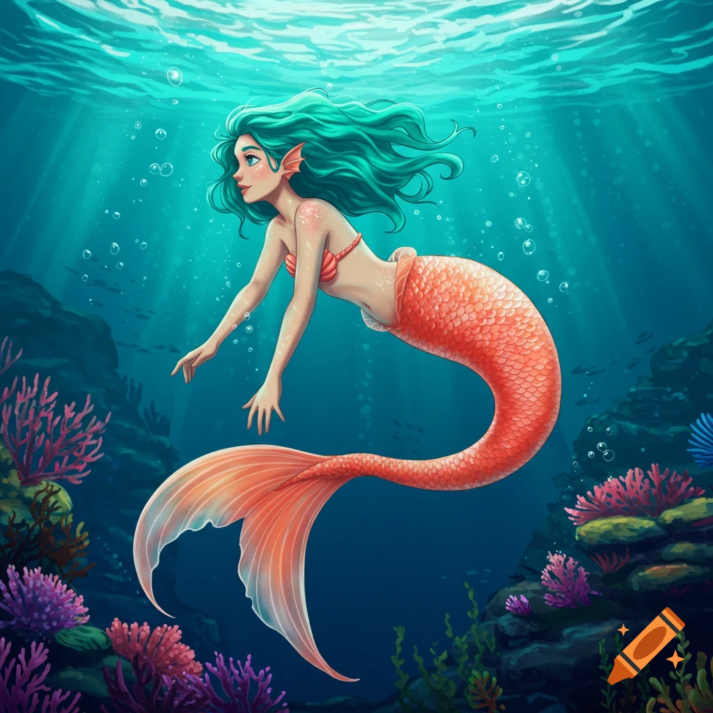 Mermaid with teal hair and orange tail swimming underwater over a coral reef
