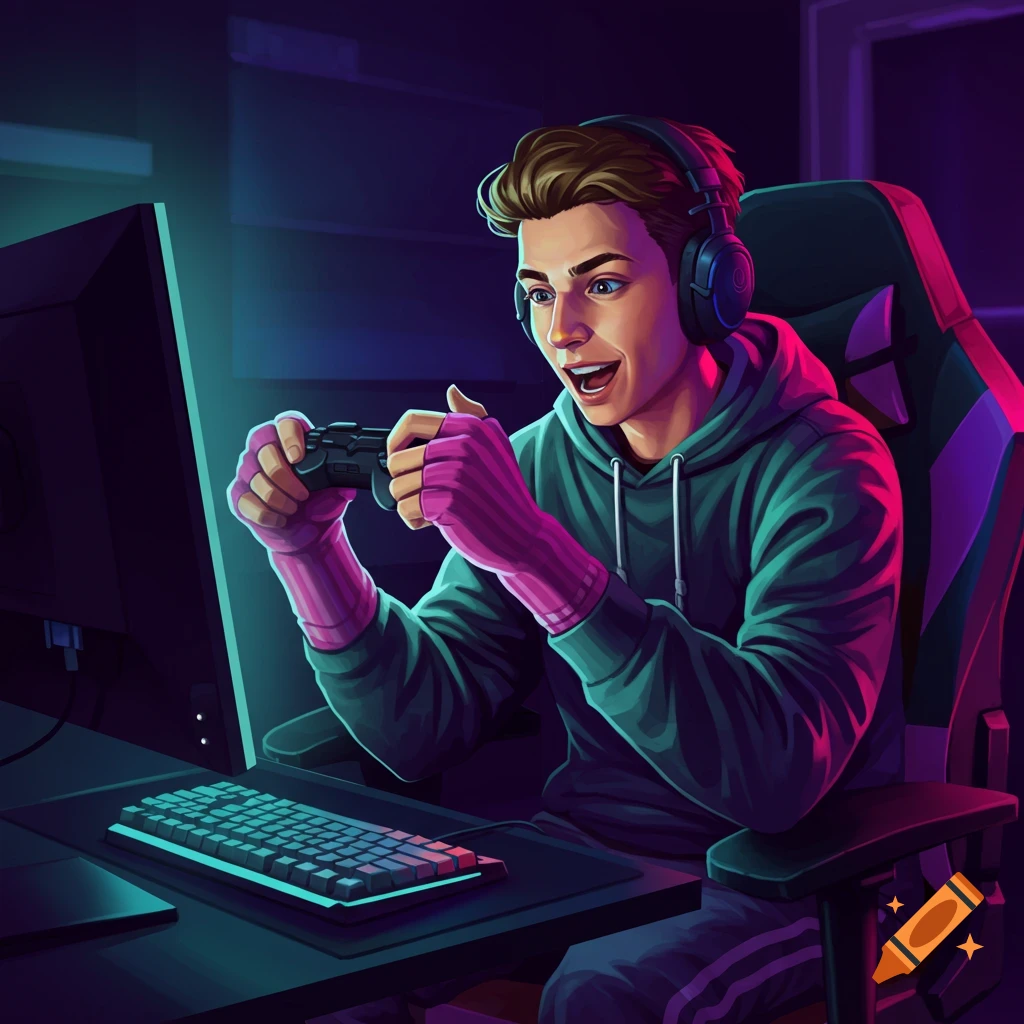 A gamer playing video games on a PC in a neon-lit room, wearing headphones and fingerless gloves.