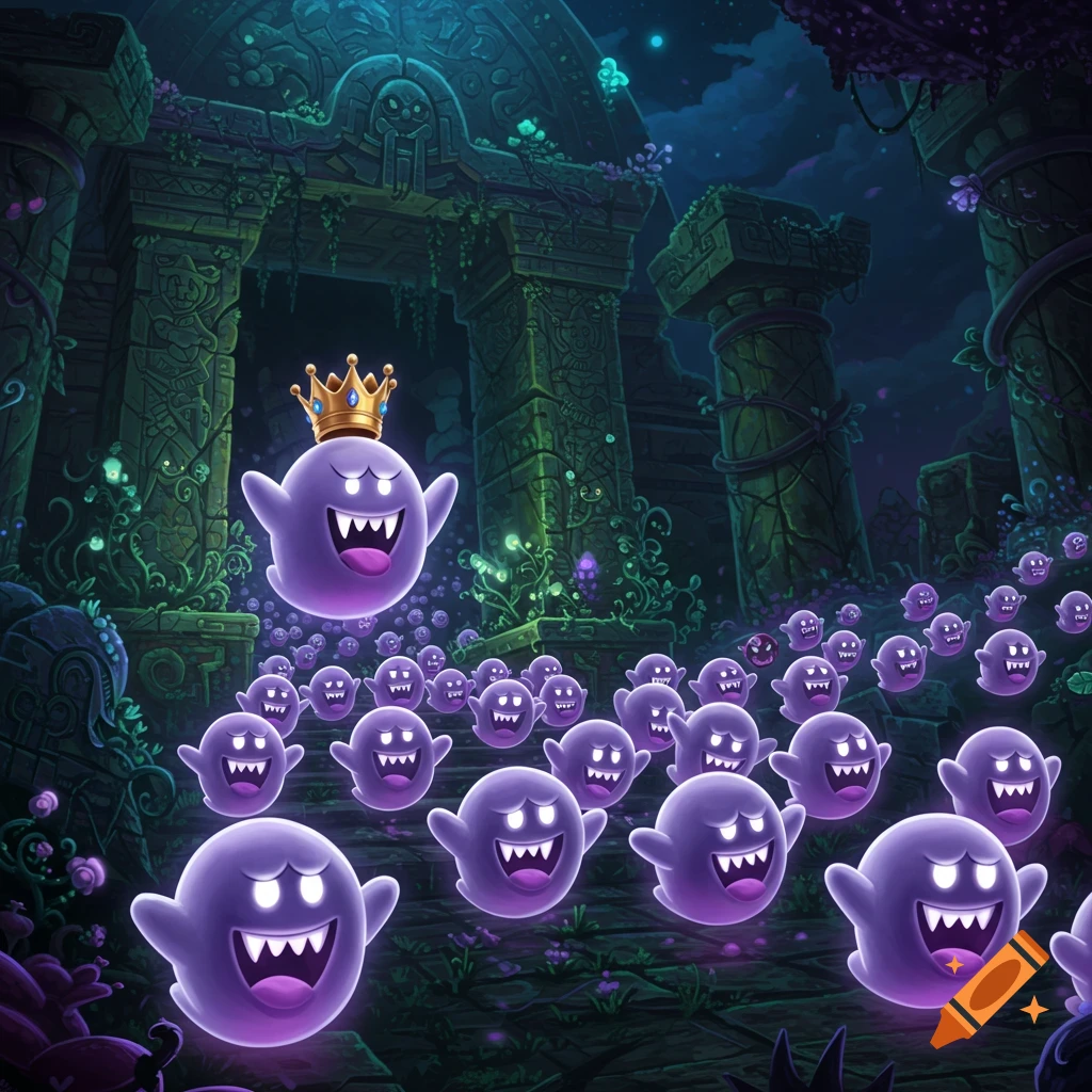 King Boo leads an army of purple ghosts out of a dark, overgrown temple.