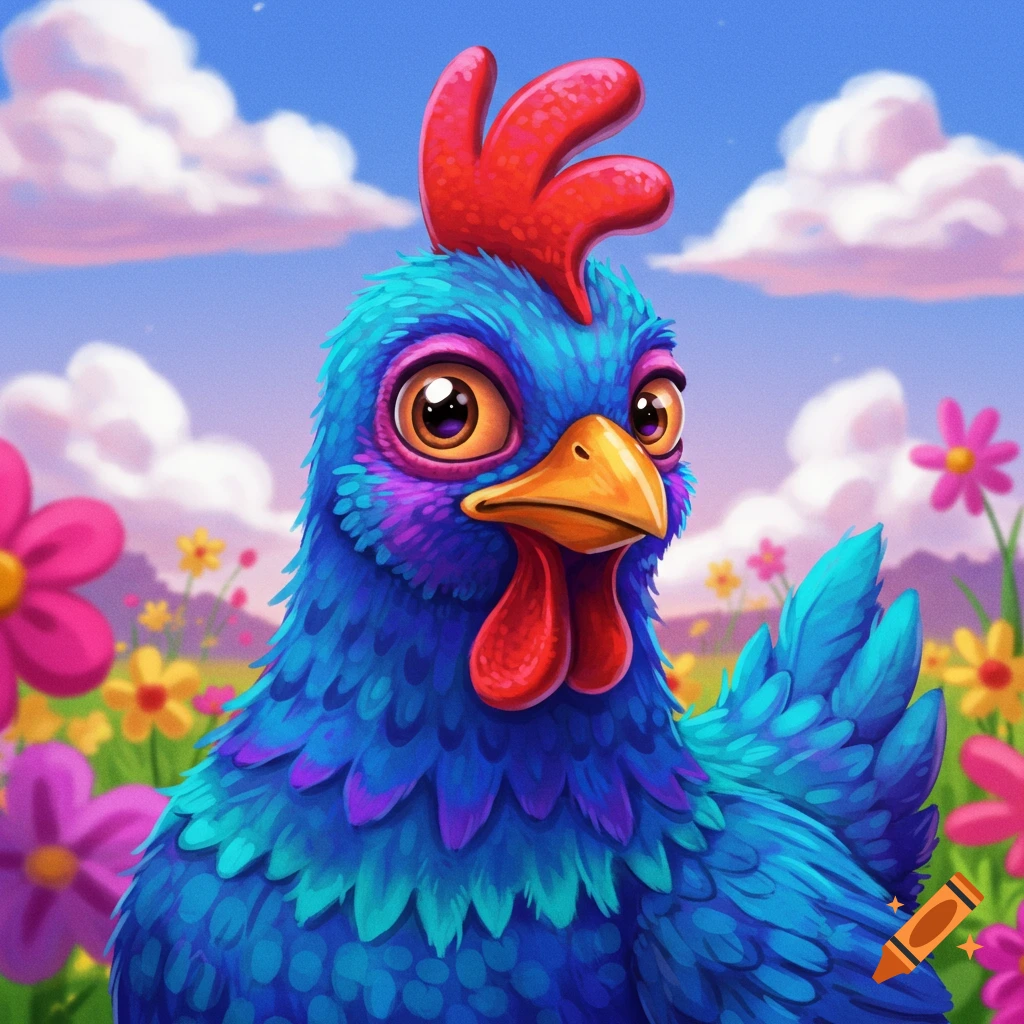 A vibrantly colored blue chicken stands in a field of pink and yellow flowers under a blue sky with clouds.