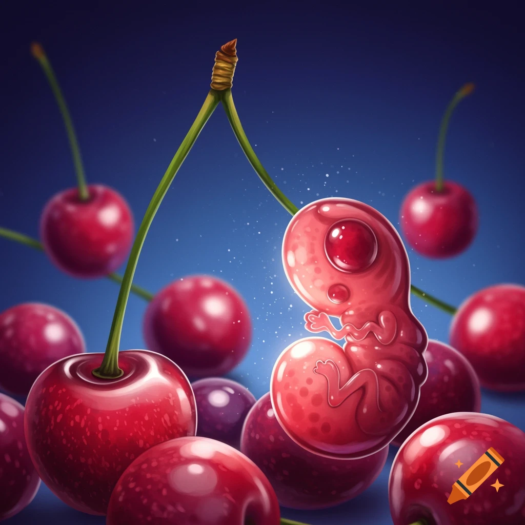 A stylized pink embryo form sits among red cherries against a blue background.