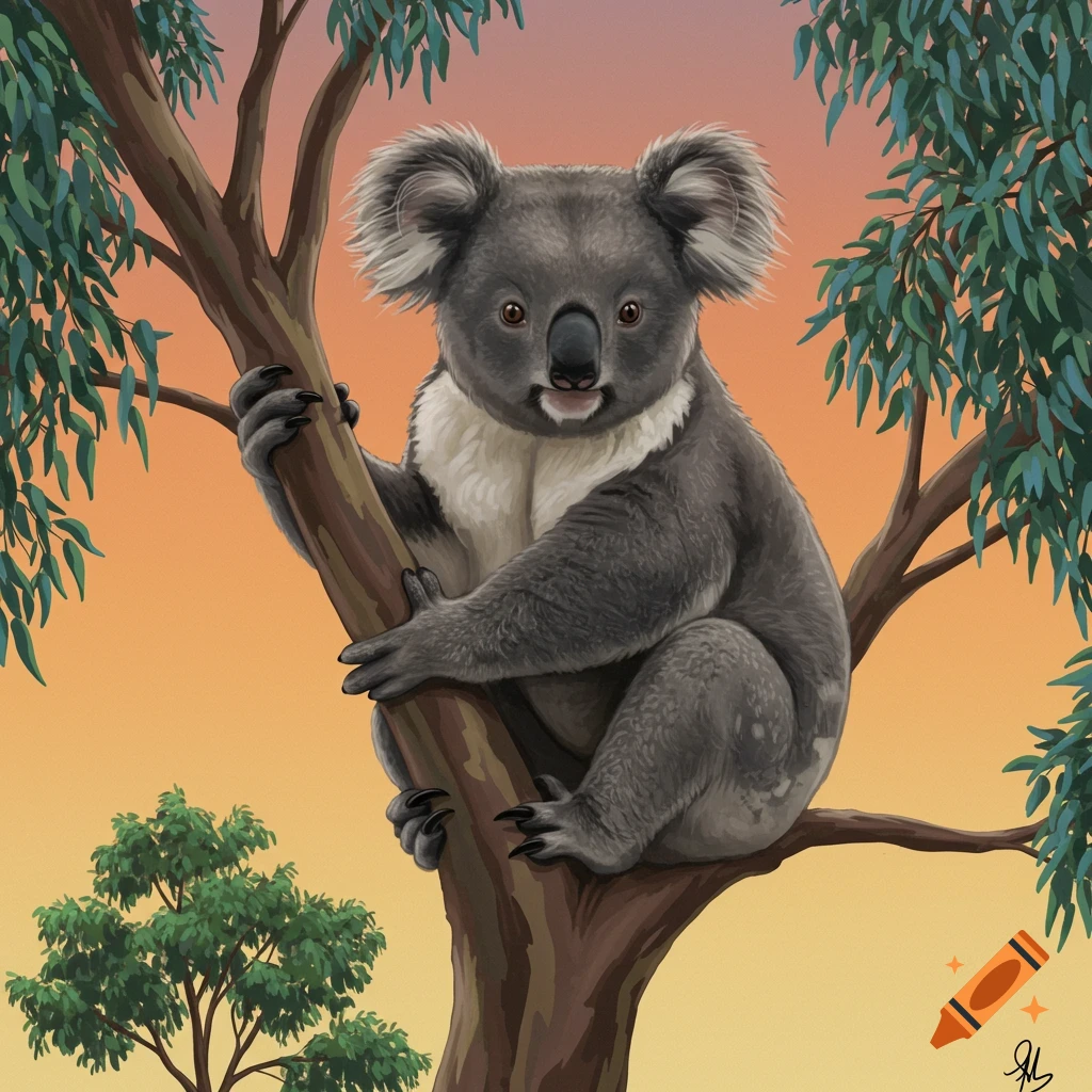 A koala sits on a eucalyptus tree branch against a sunset sky.