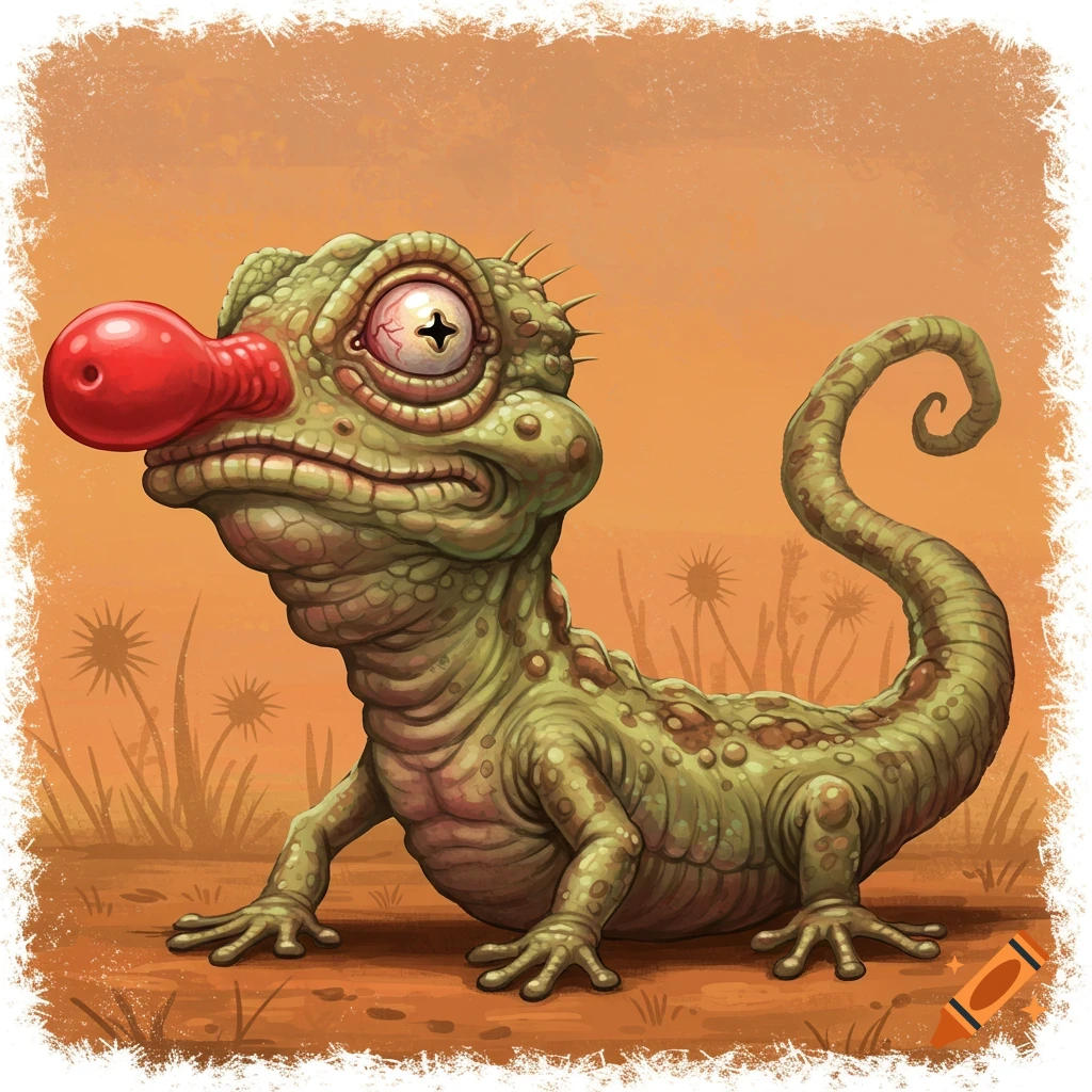 A stylized depiction of a green lizard with a large red nose and spiraling tail, standing in front of tall dry grass.