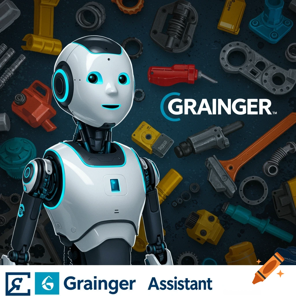 A white robot surrounded by mechanical parts and tools, with the Grainger logo and text.