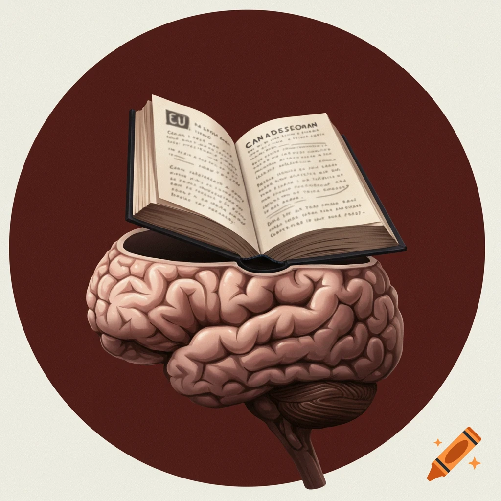 An open book emerging from a brain, presented as a circular and non-realistic image.