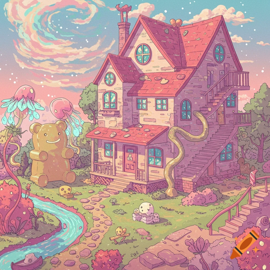 A surreal dream core house with a giant gummy bear, river, and strange plants