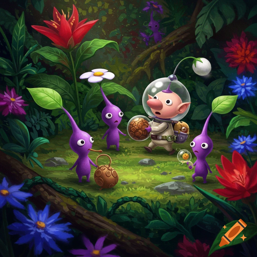 A spaceman in a helmet walks with several purple Pikmin in a colorful forest setting.
