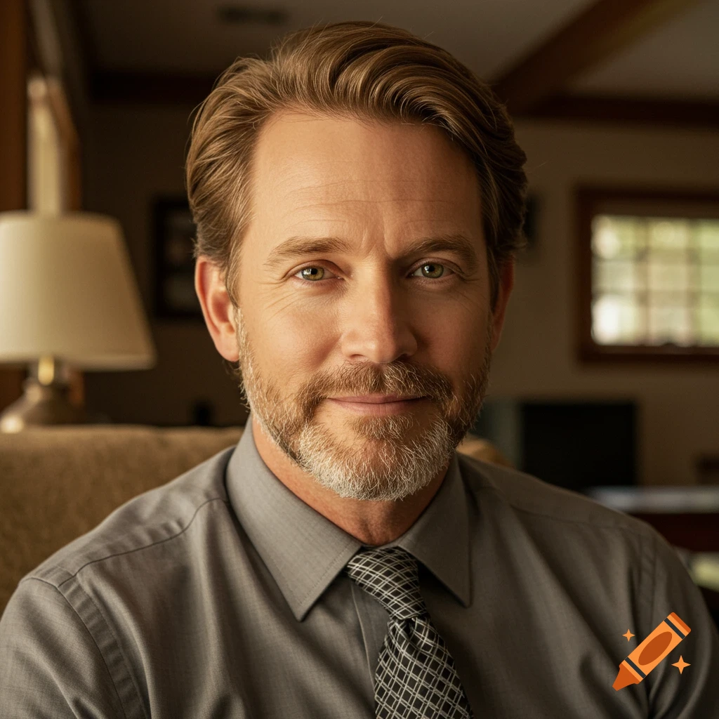 Realistic portrait of a man in a dress shirt and tie sitting in a living room.