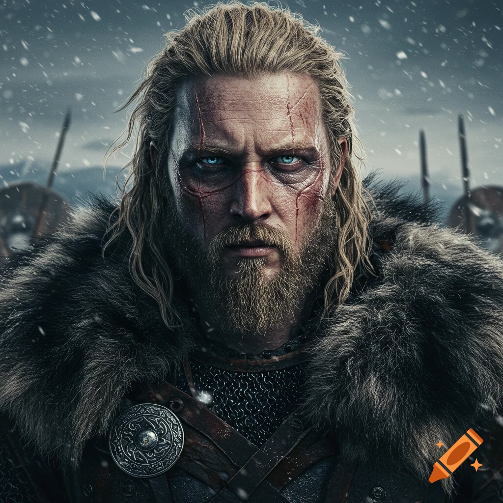 Hyper-realistic portrait of a scarred Viking warrior with a beard and blonde hair in a snowy battlefield.