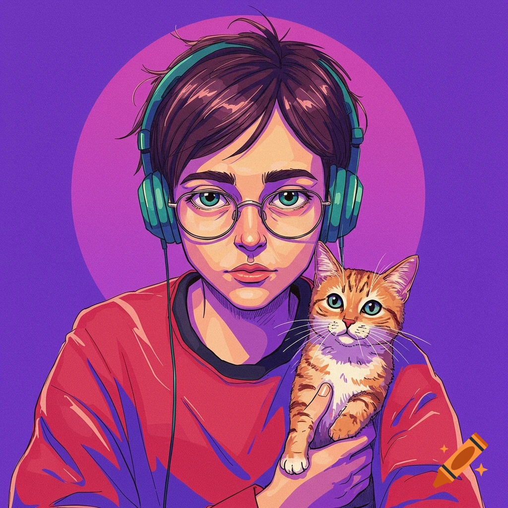 Cartoon illustration of a person with glasses and headphones holding an orange tabby cat.