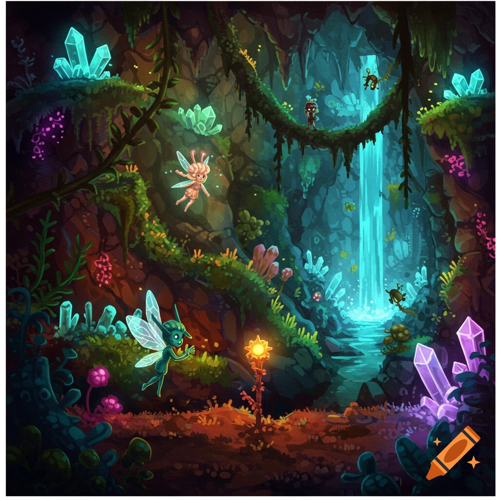 Fairies in a fantasy cave with crystals and a waterfall.