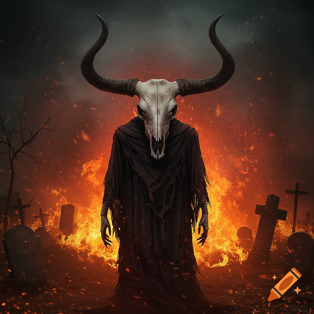 A robed figure with an ox skull head and large horns stands in a burning graveyard.