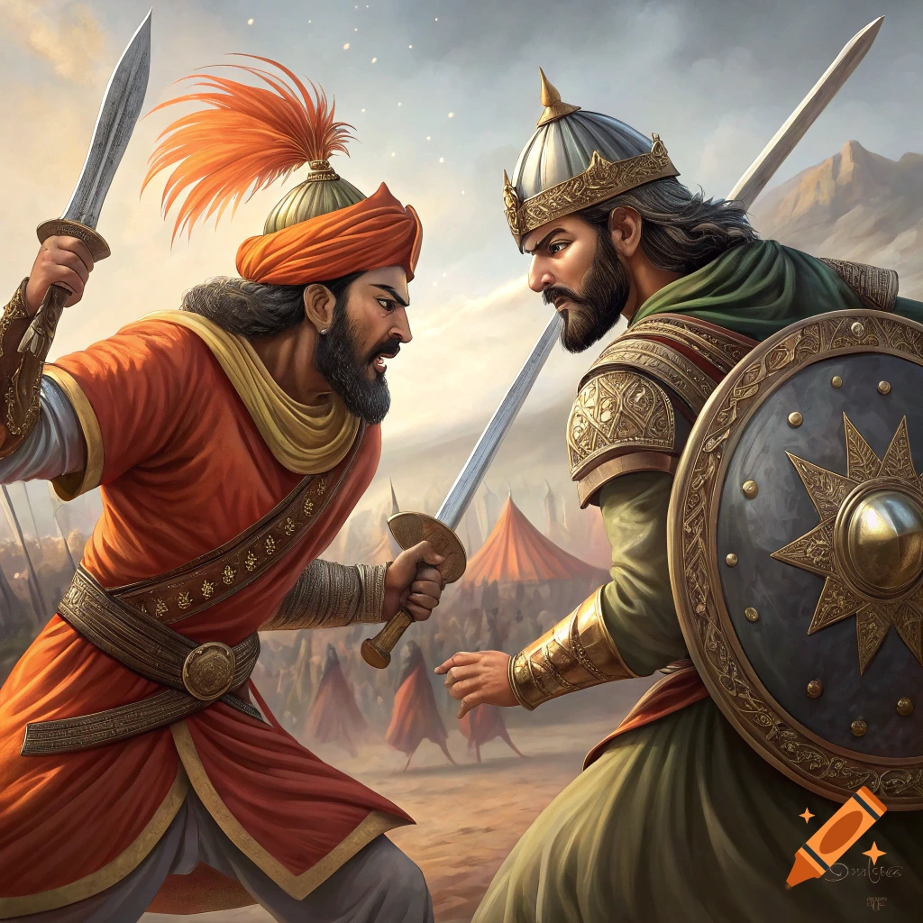 Two historical warriors with swords drawn, facing off in a battle scene.