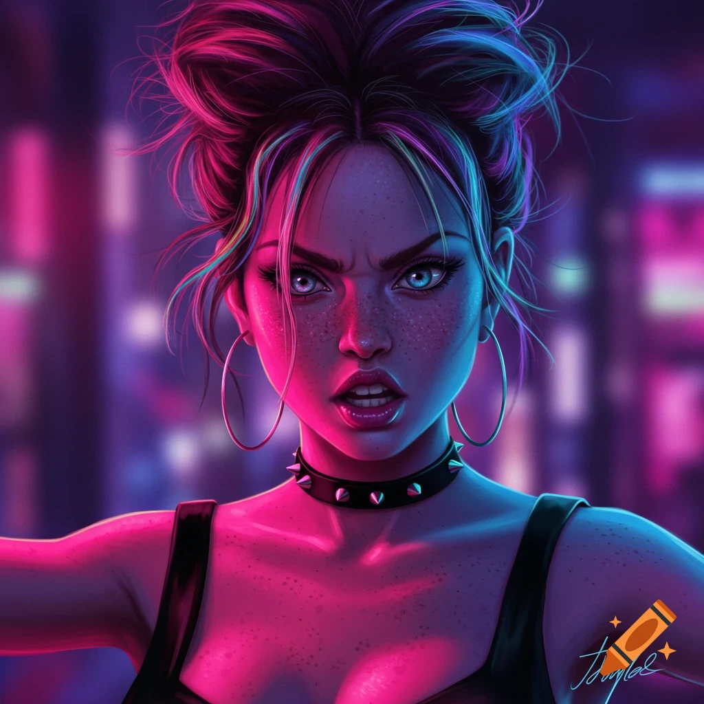 Woman with neon hair, hoop earrings, spiked collar, and an intense expression against a blurred city background.