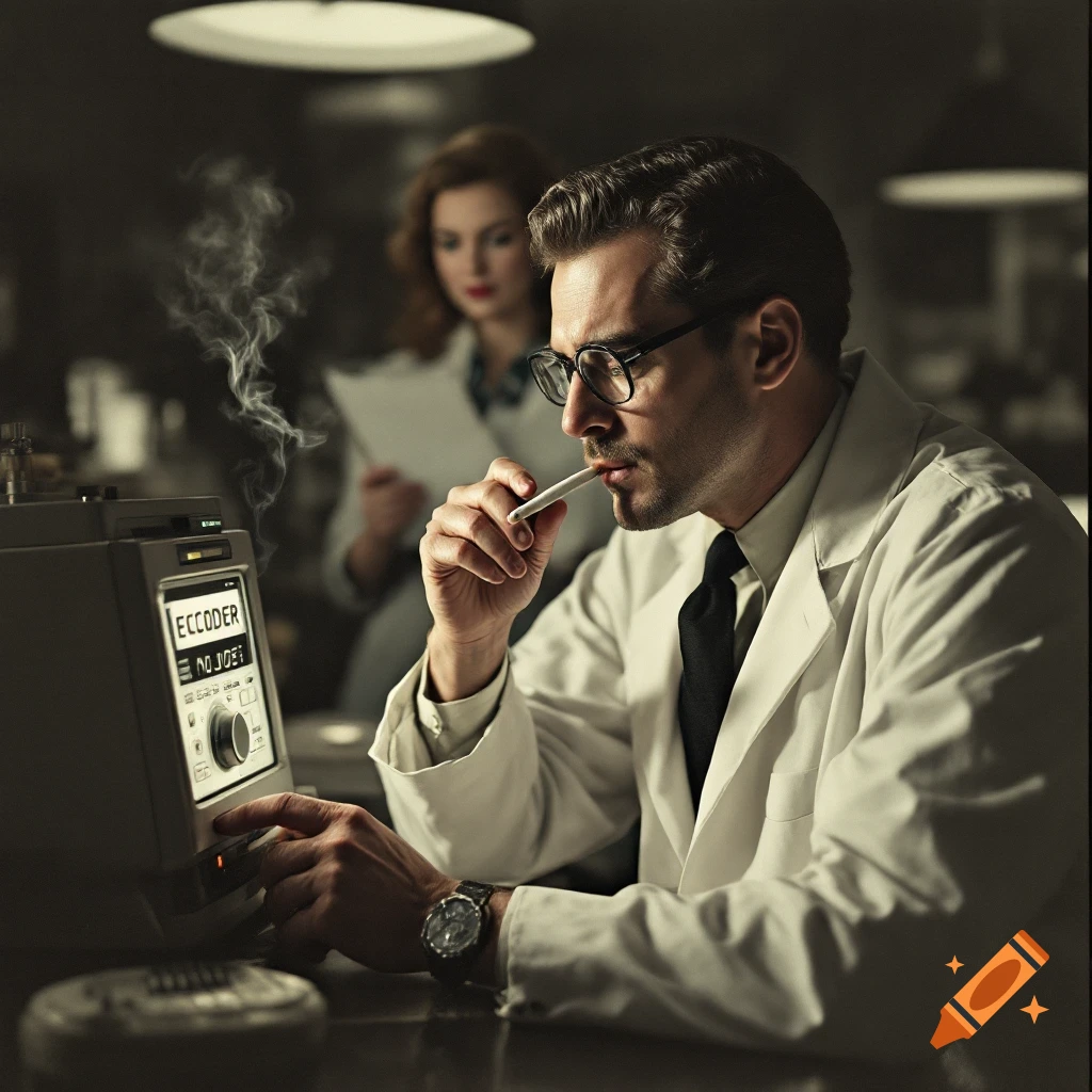A scientist in a lab coat smokes a cigarette while using a machine, with a woman in the background. Vintage style.