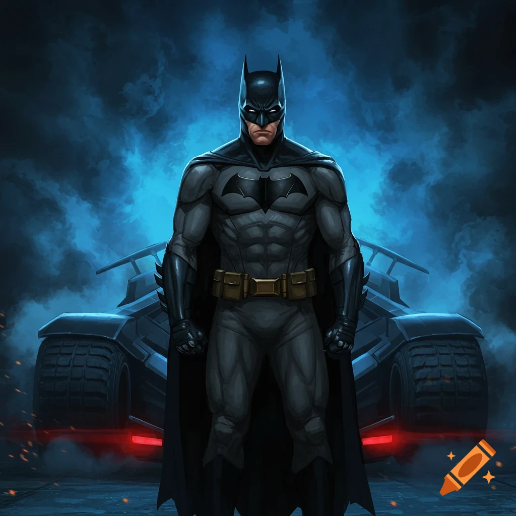 Batman standing in front of his Batmobile.