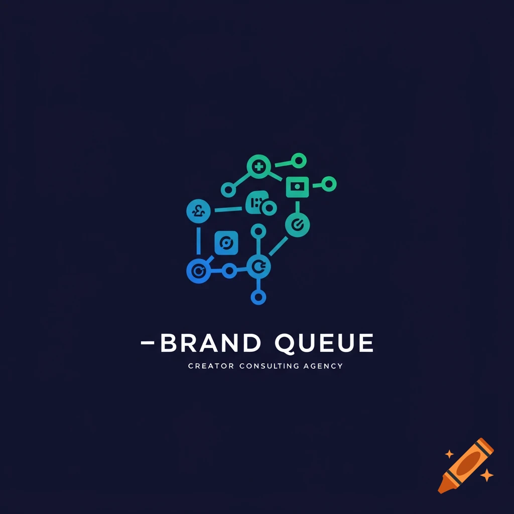 Abstract blue and green logo with lines, circles, and symbols, with the text BRAND QUEUE and CREATOR CONSULTING AGENCY below it on a dark background.