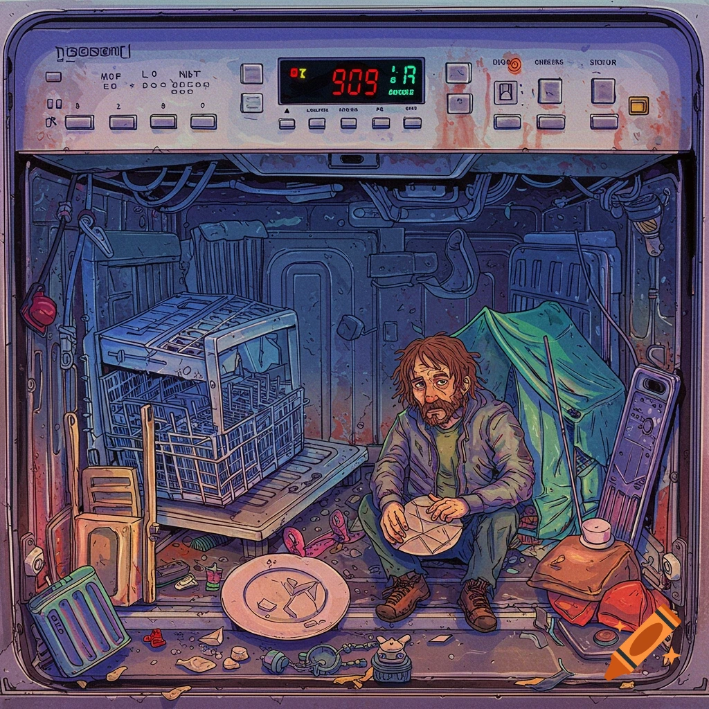 A man sitting in a dishwasher used as a homeless camp, surrounded by debris.