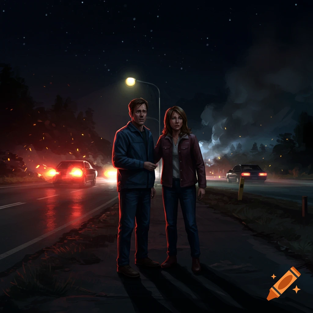 A man and woman stand on a road at night with burning cars and smoke in the background.