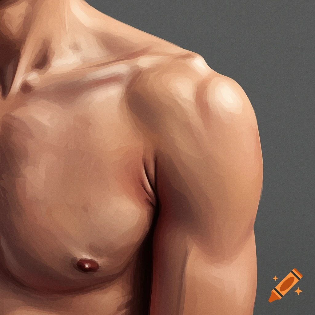 Close-up of a muscular male torso and shoulder against a grey background.