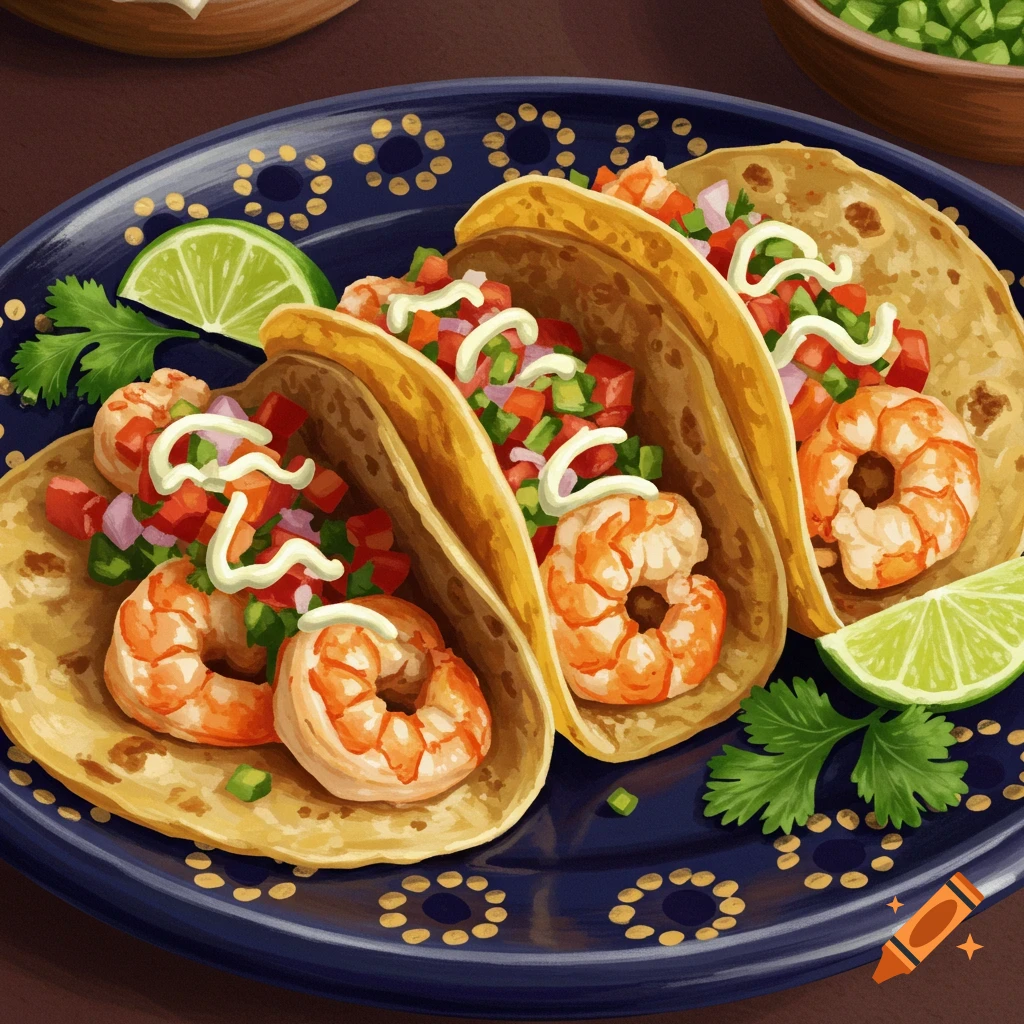 Three shrimp tacos on a blue plate with lime.