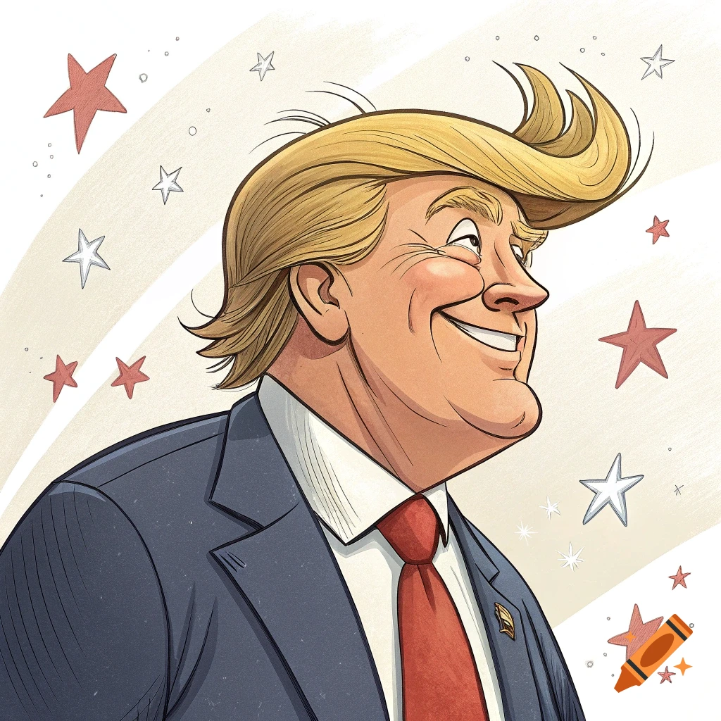 Cartoon caricature of a man in a suit and tie smiling with stars in the background.