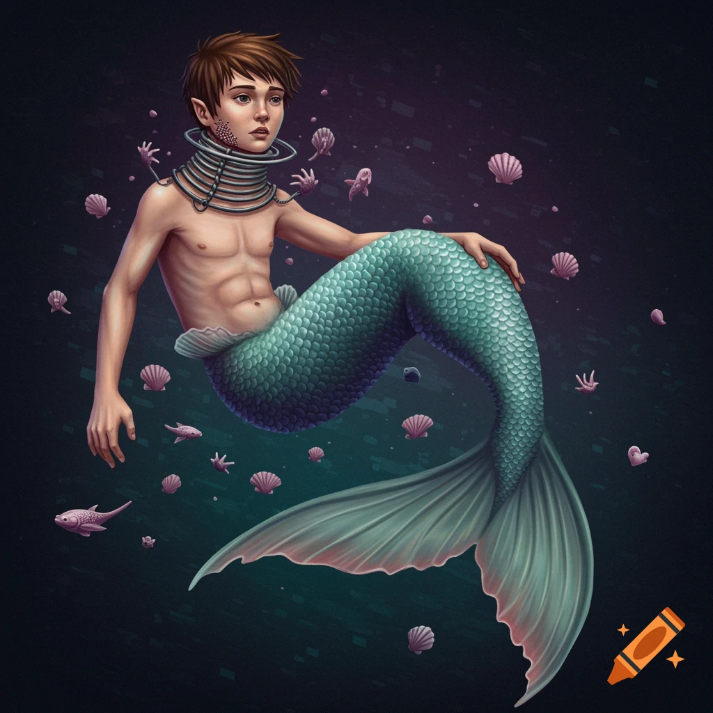 A boy transforming into a merman underwater surrounded by shells and fish