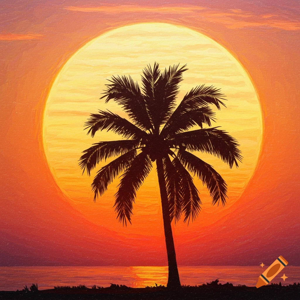 Sunset landscape with palm tree silhouette, crayon art.
