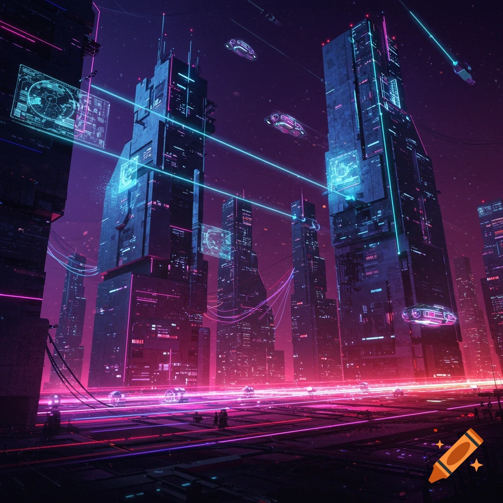 A futuristic city at night with neon lights, tall buildings, and flying vehicles.