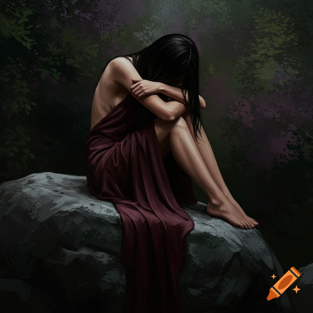 A woman sits sadly on a rock in a dark forest.
