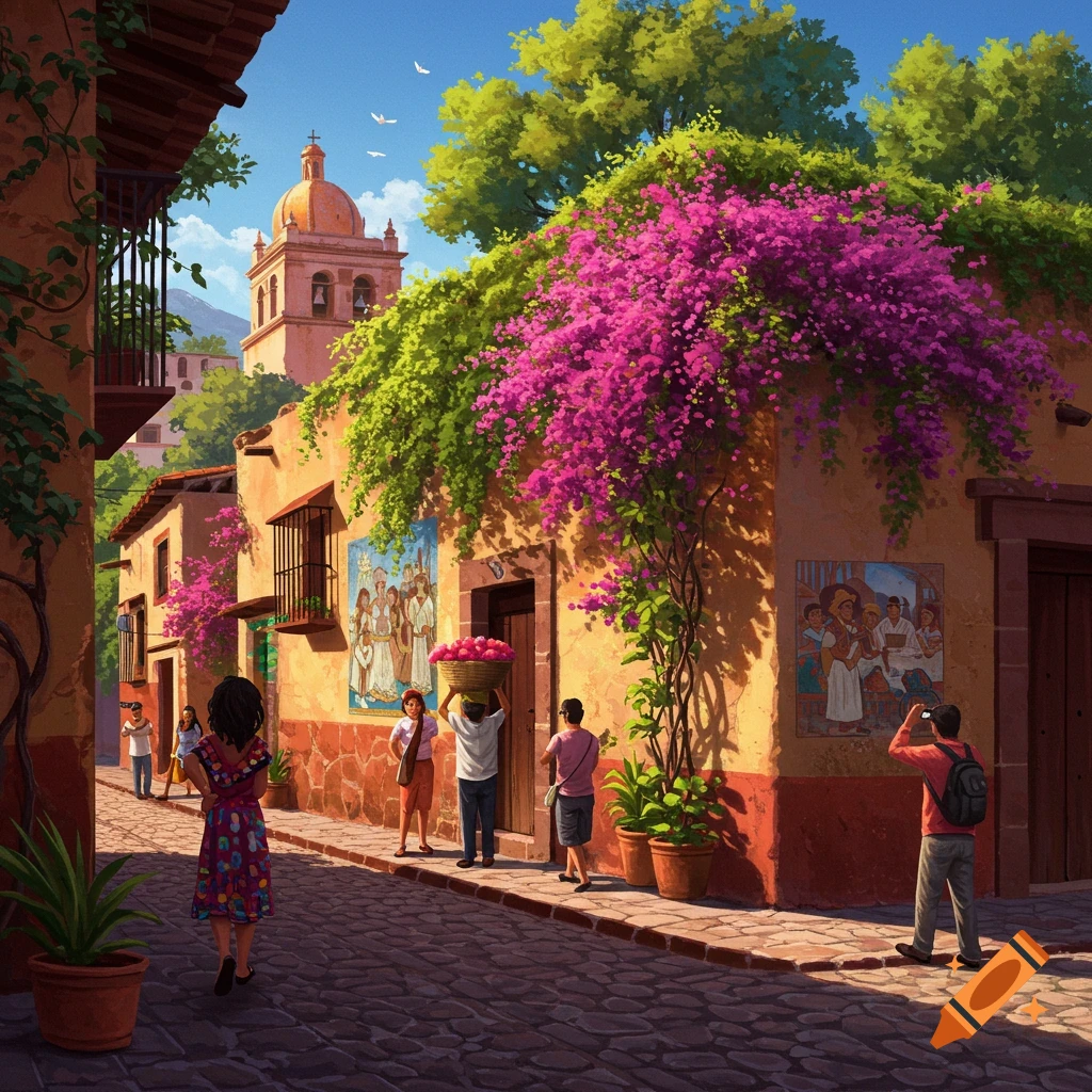 A vibrant cobblestone street in Mexico with colorful buildings, bougainvillea, and people