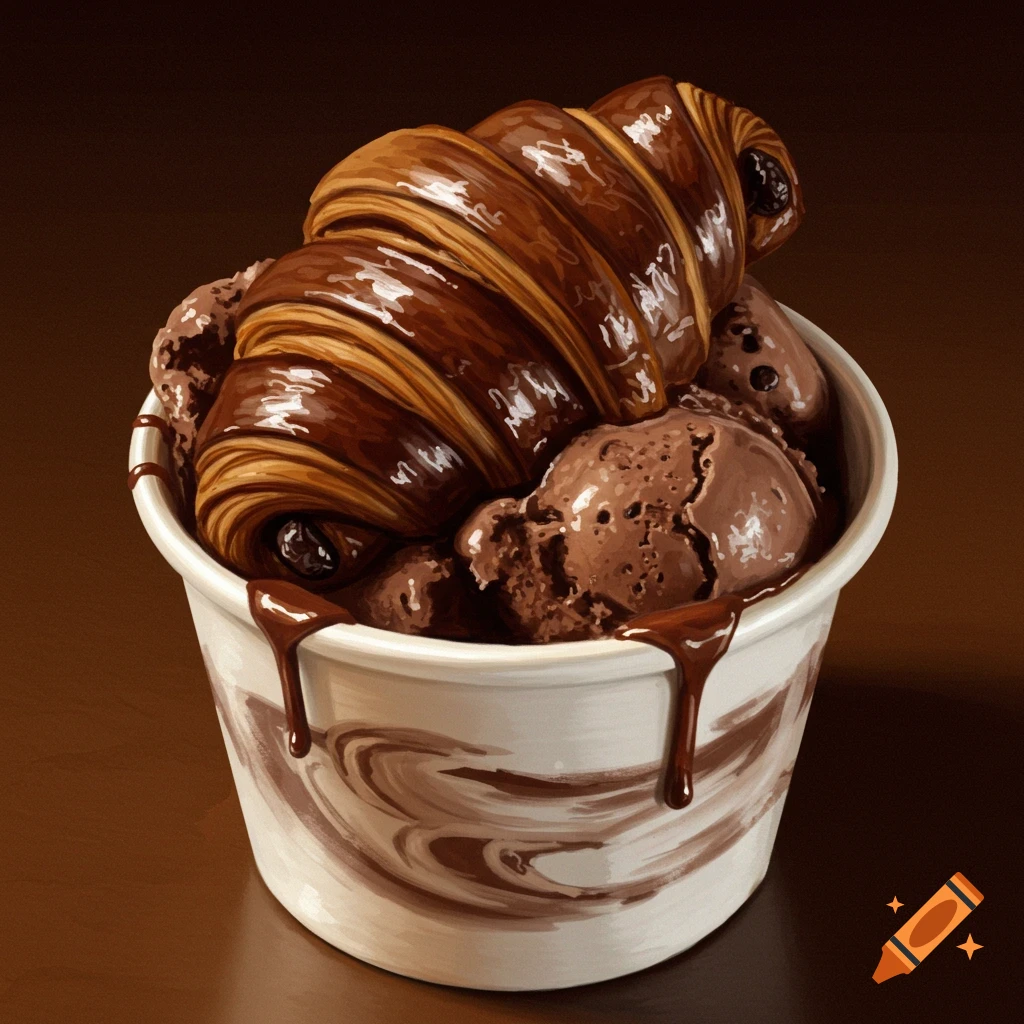 A chocolate croissant sits in a white pint tub filled with chocolate ice cream and brown swirls.