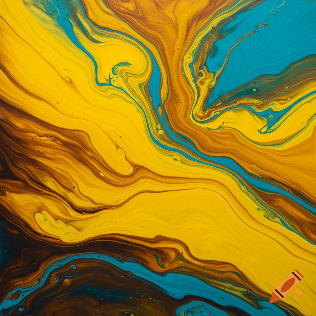 Abstract painting with swirling yellow, blue, and brown colors