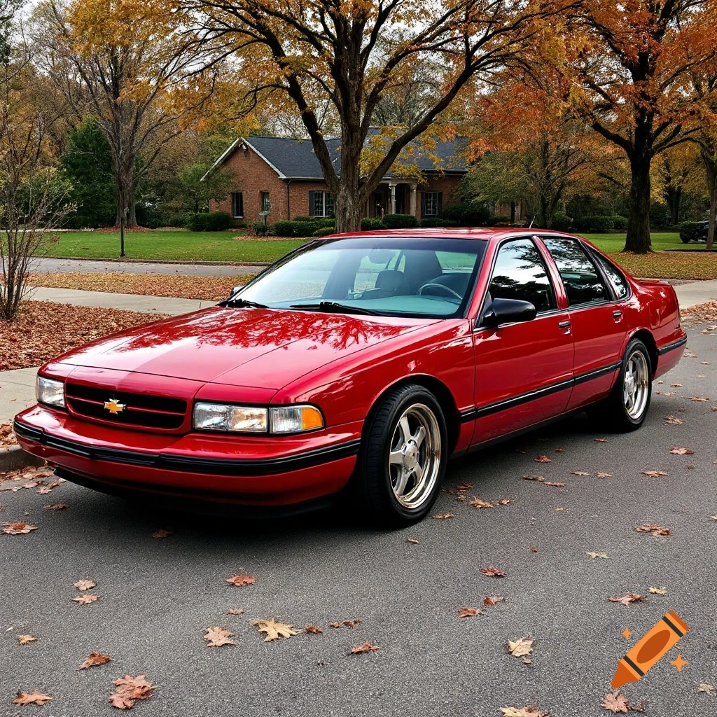 A red 1994 Chevrolet Impala SS parked on a street lined with trees in autumn.