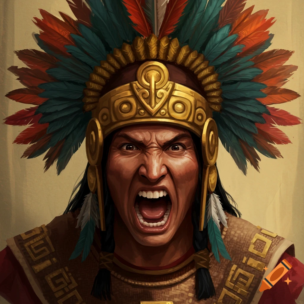 Portrait of an Inca warrior in a feathered headdress yelling