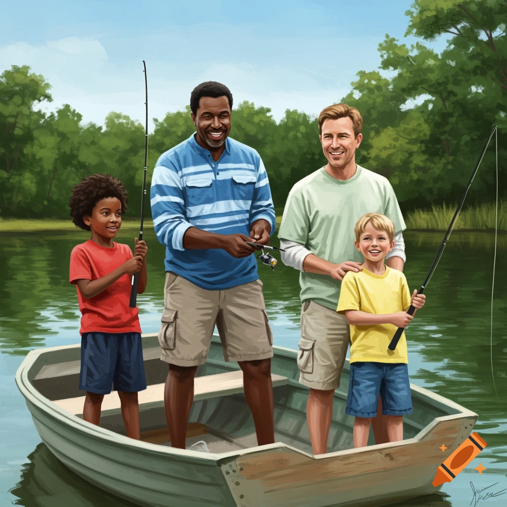 Two fathers and their sons fishing from a boat on a lake