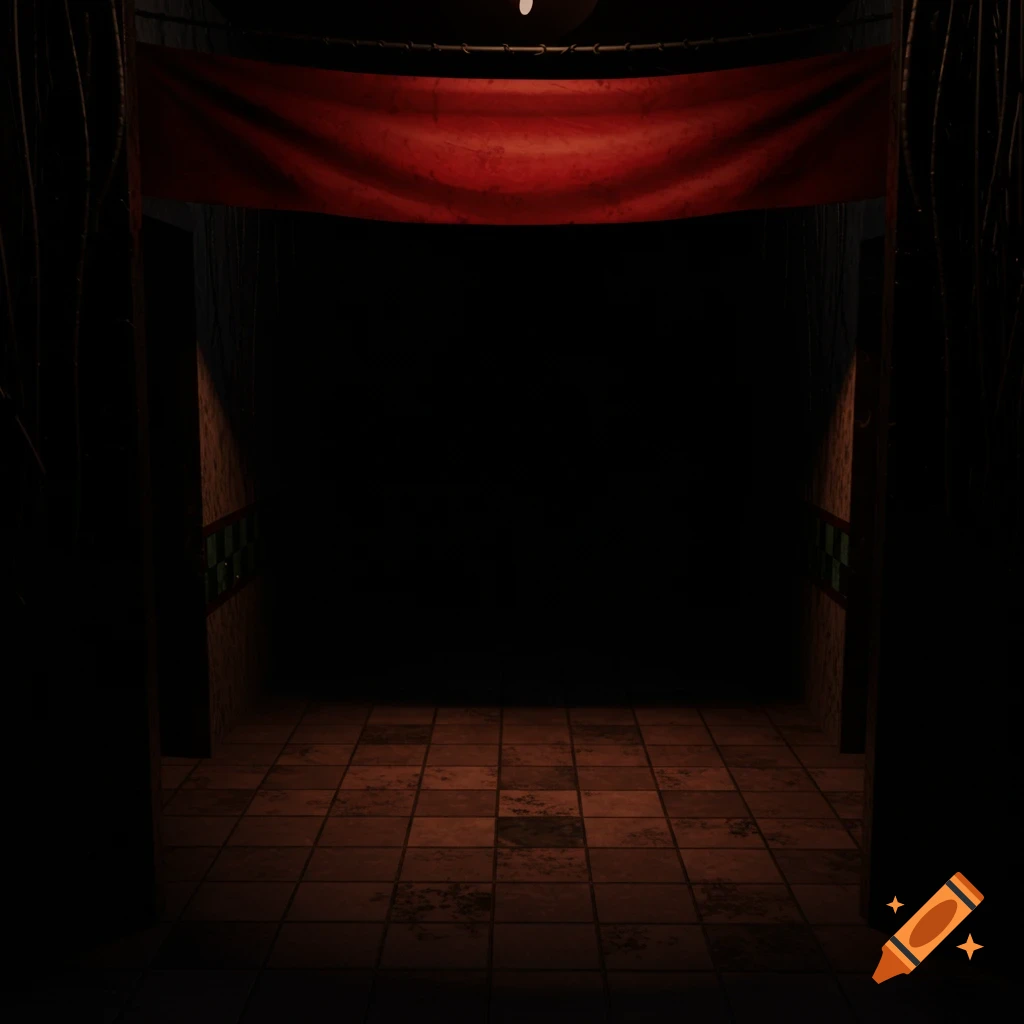 A dark stage area with a red banner hanging over a black void and a tile floor.