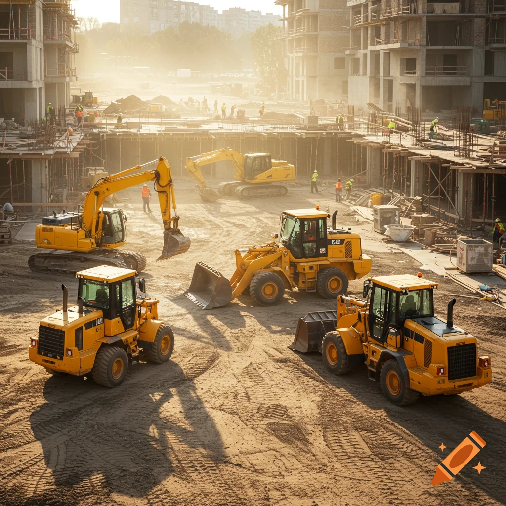 Photorealistic photo of yellow excavators and loaders on a sunny construction site with workers and buildings.