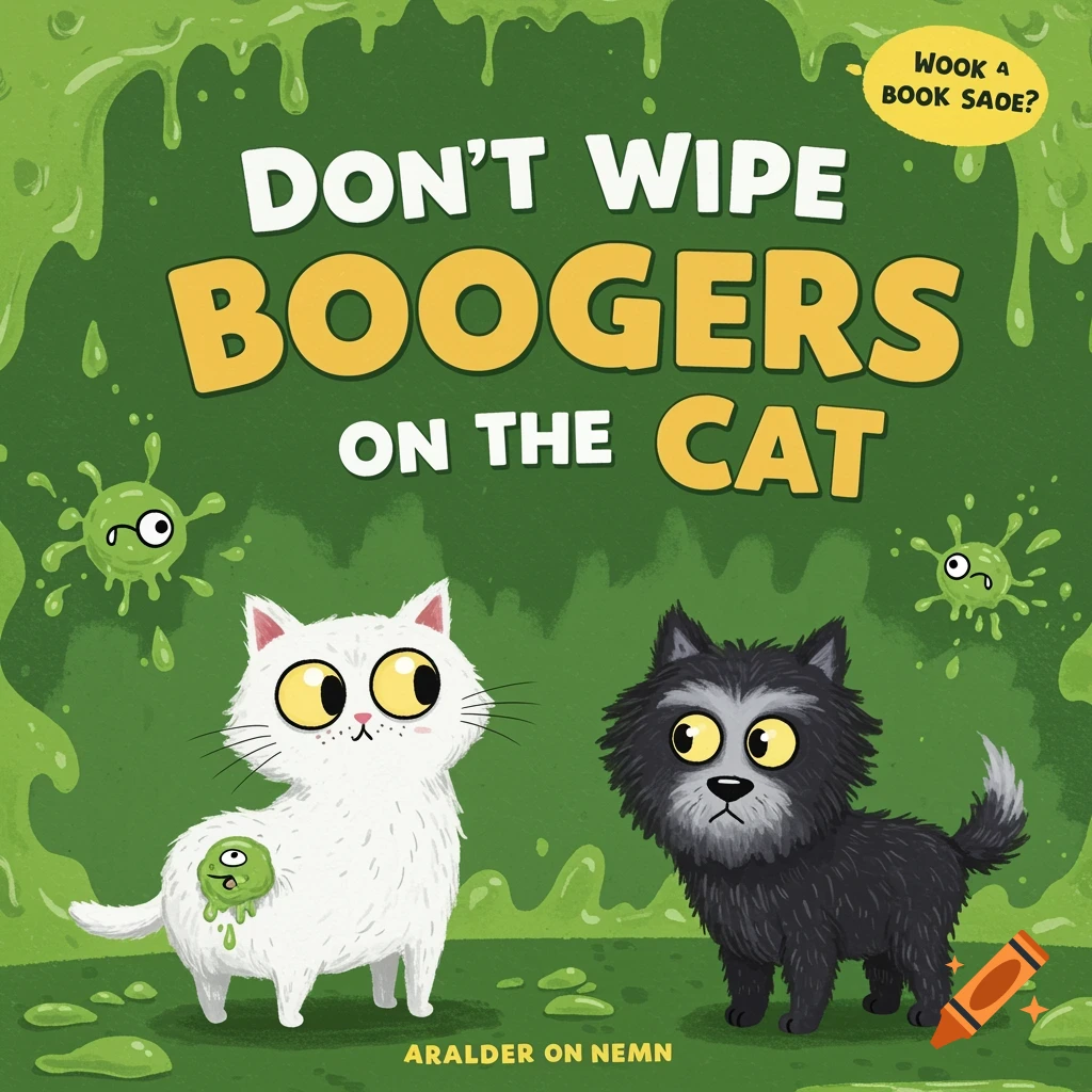Children's book cover illustration featuring a white cat with green slime and a black dog on a green, slime-filled background with the title.