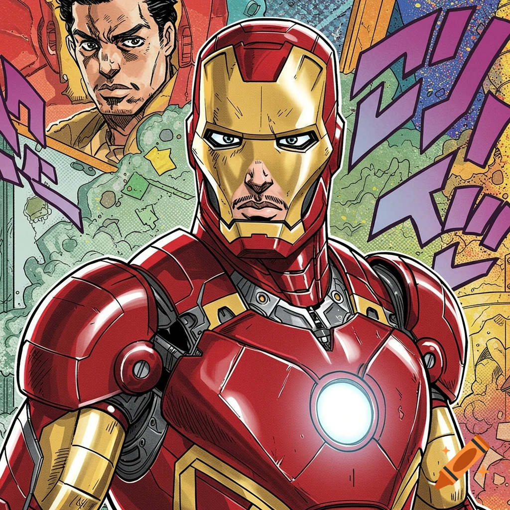 Iron Man and another figure in a dynamic manga comic art style with stylized text.